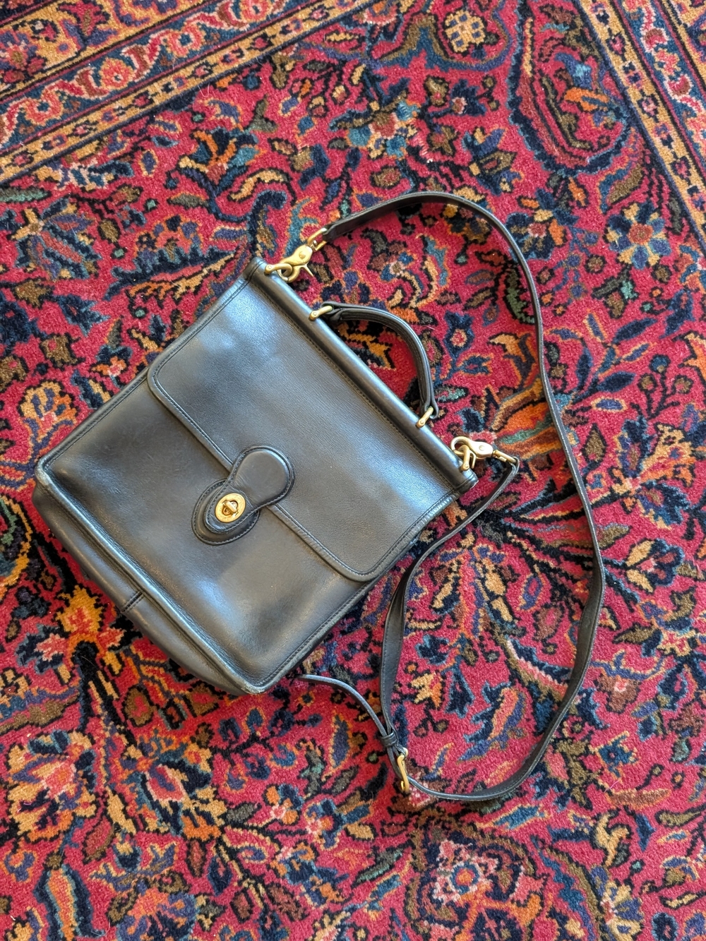 Vintage Coach Black Leather Satchel with Gold-Tone Hardware